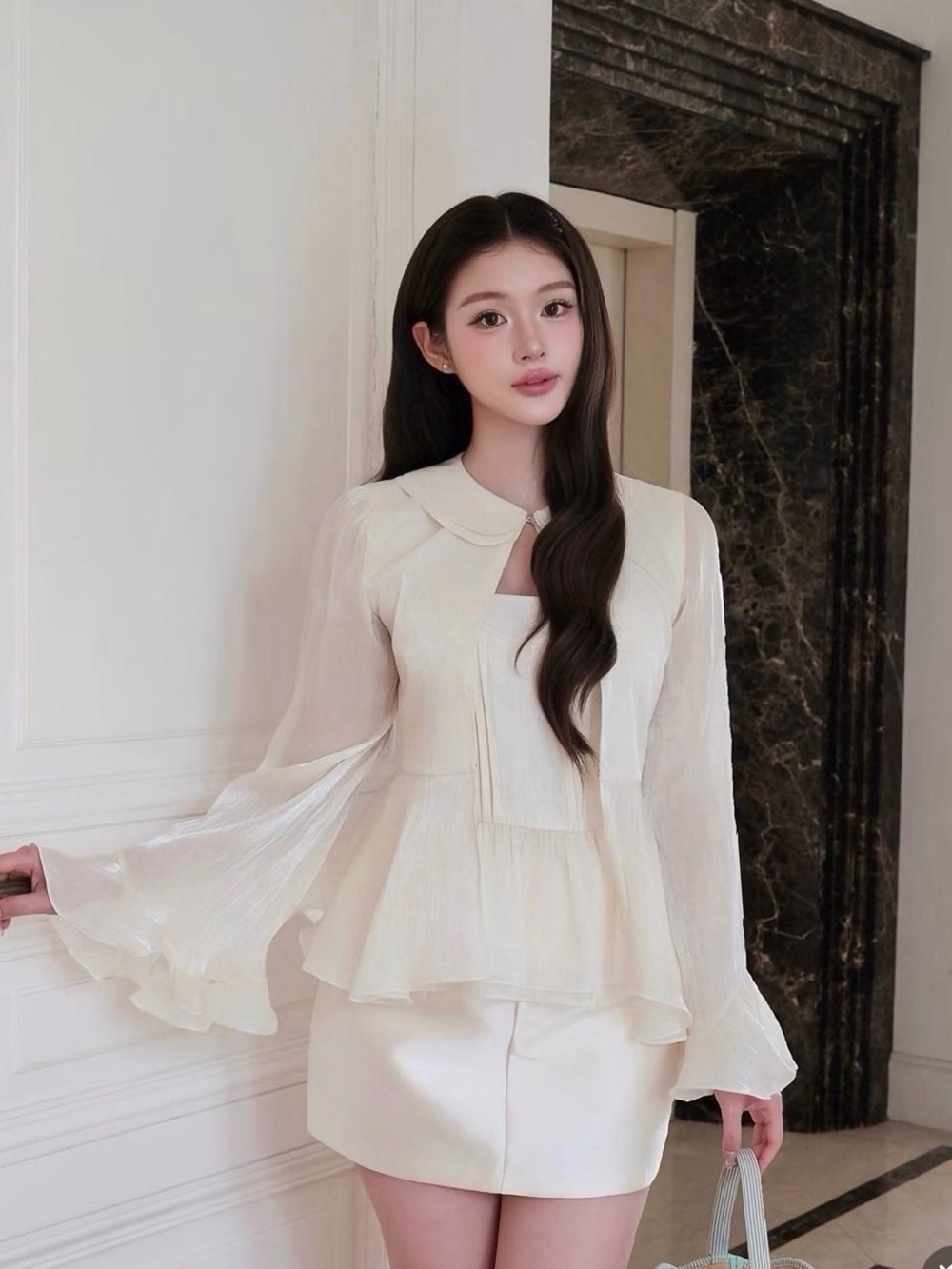 Elegant Cream Peplum Blouse with Flared Sleeves & Matching Cami Top